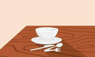 White ceramic bowl and plate vector set on wood table. Clean dishes on table. Flat vector in cartoon style. Crockery set.