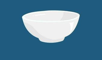 White ceramic bowl vector illustration. Flat vector isolated on blue background. White bowl clipart in cartoon style. Crockery set.