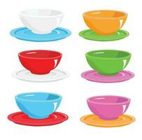 Multicolor bowl and plate vector illustration. Flat vector in cartoon style isolated on white background. Crockery set.