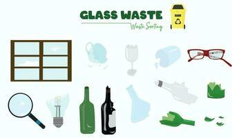 Glass waste vector set isolated on white background. Collection of recycled glass products. Recyclable glass garbage trash vector illustration. Cartoon style.
