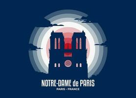 Notre Dame de Paris vector. Moonlight illustration of famous historical statue and architecture in United Kingdom. Color tone based on flag. Vector eps 10