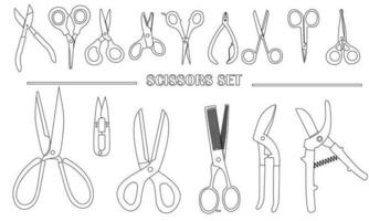 Different scissors types outline vector illustration. Outline scissors vector set on white background. Open, closed cutting scissors or nippers collection.