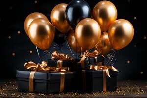 gold balloons flying over a gift box on a black background, in the style black. AI Generated photo