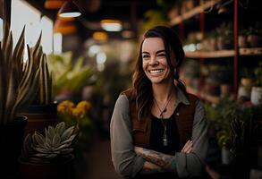 Small business owner smiling in her plant shop . . photo