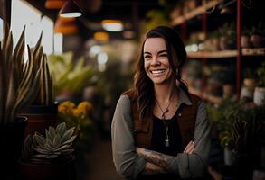 pequeño negocio propietario sonriente en su planta tienda . ai generado. foto