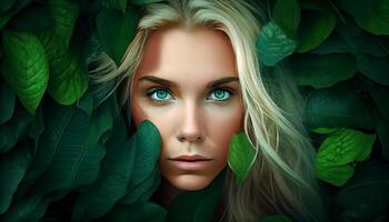 Blonde woman's face that appears in the middle of long green leaves . . photo