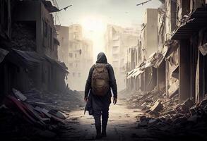 A refugee and displaced by war or a natural disaster walking through the streets of a destroyed city. . photo