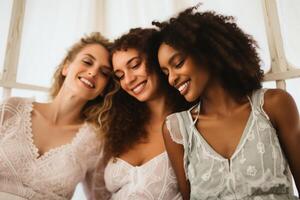 Positive multiracial women in lingerie looking at camera. AI Generated photo