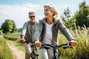 Happy older couple explores nature by bike on sunny day. AI Generated photo