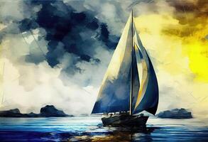 Sailboat against a background of sea digital painting . photo