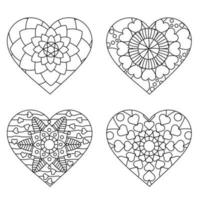 Mandala shape hearts 4 style coloring for adults. Vintage decorative elements. Oriental pattern, vector illustration. Mandala Coloring page.