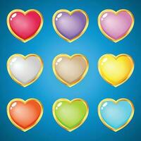 Gems hearts 9 colors for puzzle games. 2d asset for user interface GUI in mobile application game. vector