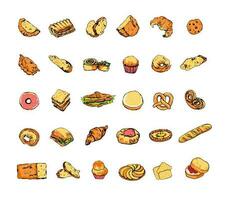 Colorful sketches of bread and bakery items. Thirty doodle elements in retro style. Collection of artistic isolated hand drawn design elements for bakehouse, cafe, shop prints vector