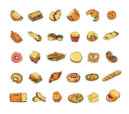 Colorful sketches of bread and bakery items. Thirty doodle elements in retro style. Collection of artistic isolated hand drawn design elements for bakehouse, cafe, shop prints