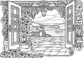 romántico secreto jardín. colorante página con abierto puertas, flores vector. vector