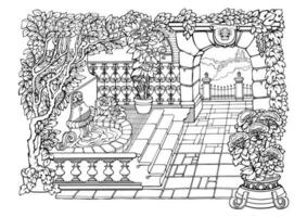 Romantic Secret Garden. Coloring Pages. Freehand linear style. Vector illustration.