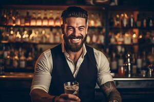 retrato sonriente barman mezclas un cóctel en un criba vibradora. ai generado foto