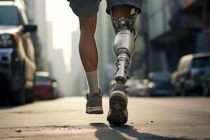 close up of a prosthetic leg of a person with a running shoe on against the background of a street. AI Generated photo