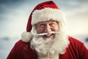 a happy and cheerful Santa Claus standing by a sleighs in North Pole.. AI Generated photo