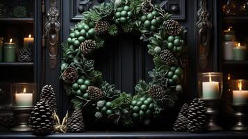 Wreath Christmas green in Christmas wreath with cones. photo