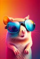 Creative animal composition. Mouse wearing shades sunglass eyeglass isolated. Pastel gradient background. With text copy space. photo