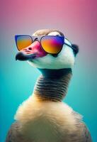 Creative animal composition. Goose wearing shades sunglass eyeglass isolated. Pastel gradient background. With text copy space. photo