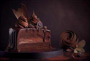 the most appetizing chocolate cake on dark background. . photo