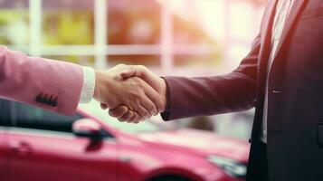 A sales representative shaking hands with an individual over a car, in the style of light crimson, poster, large canvas format, close up shots. AI Generated photo