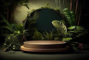 Photo tropical podium or platform for product presentation display in jungle landscape.