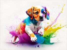 Puppy playing in colorful water color , dirty with color splash. . photo