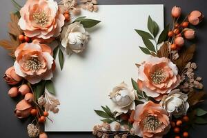 A lay flat wedding style over a white board with a blank paper note. AI Generated photo