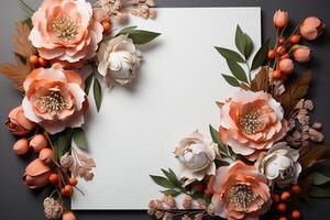A lay flat wedding style over a white board with a blank paper note. photo