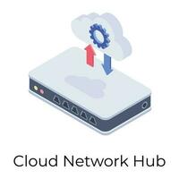 Cloud network hub icon in isometric design. vector