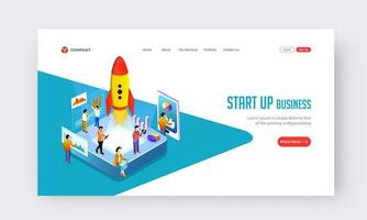 Business Start Up Concept Based Landing Page Design with Illustration of Business People Working Together at Workplace for Launching Project. vector