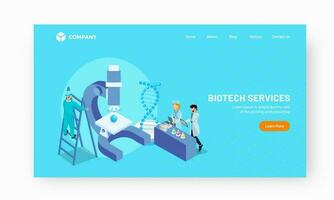 Biotech Services Based Landing Page Design with Illustration of Scientists Doing Research in Laboratory and DNA Structure. vector