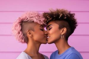 Love diversity and kiss lesbian couple on studio back. AI Generated photo