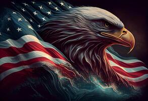 Wavy American flag with an eagle symbolizing strength and freedom . . photo