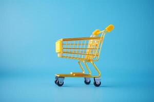 yellow shopping cart on blue background. AI Generated photo