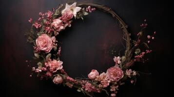 Subtly textured wreath of light pink painted flowers. AI Generated photo