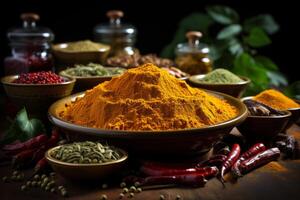 Composition with assortment of spices and herbs. photo