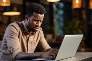 Angry young African American looking at laptop. AI Generated photo