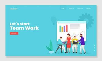 Teamwork Based Landing Page Design, Illustration of Business People Working Together at Workplace and Infographic Presentation. vector