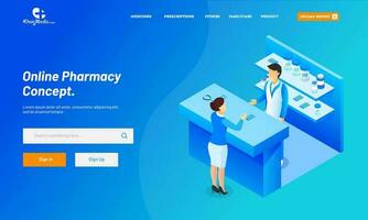 Online Pharmacy Landing Page or Hero Image in Blue Color, Isometric View of Medical Store. vector