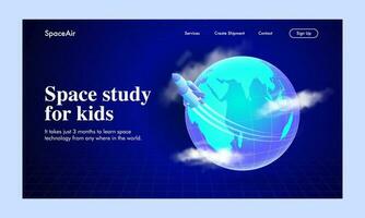 Space Study for Kids Based Landing Page Design with Rocket or Missile Moving Around the World on Blue Background. vector