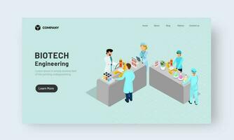 Biotech Engineering Based Landing Page Design, Illustration of Scientists Doing Research in Laboratory. vector