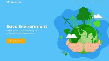 Save Environment Concept Based Landing Page Design with Human Hands Holding Eco Globe. vector