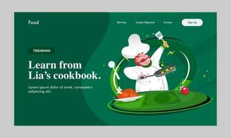 aterrizaje página o héroe bandera diseño con gracioso cocinero personaje Cocinando en verde antecedentes para aprender desde gravamen libro de cocina vector