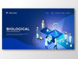 Biological Engineering Concept Based Landing Page Design with Illustration of Scientists Doing Research in Laboratory and DNA Structure. vector