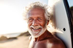 Close up portrait of mature senior man with surf board. AI Generated photo