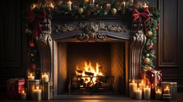 fireplace at christmas , christmas fireplace decorations. photo